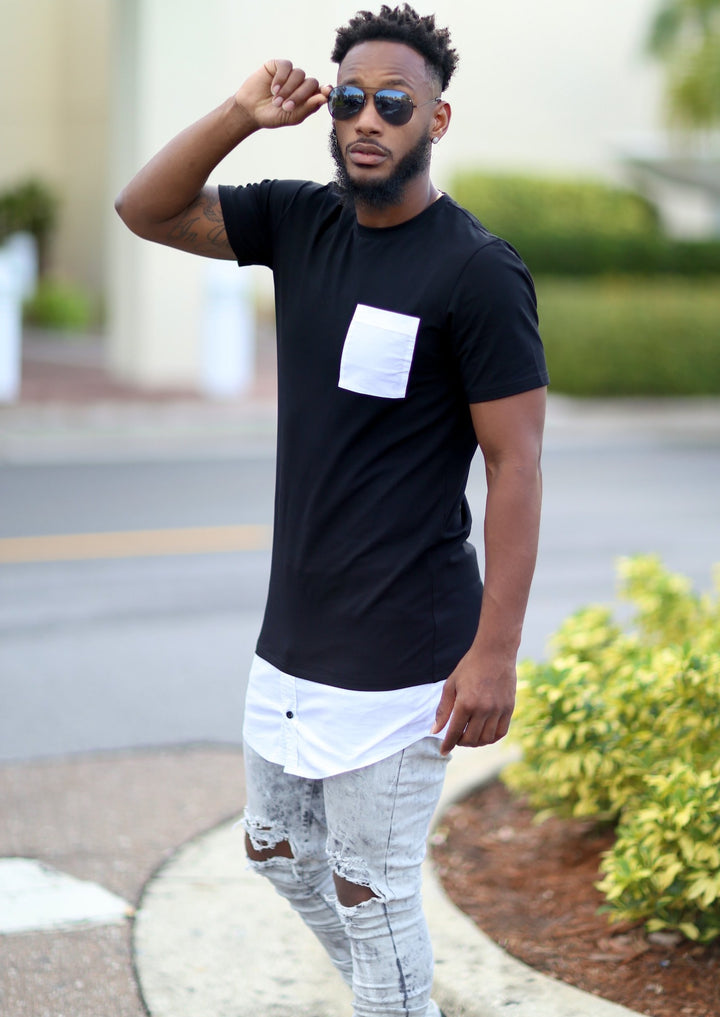 Slim Fit Elongated Contrast Shirt (Black & White) - Posh By K