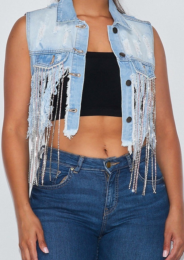 Distressed Denim Jackets | Ravix Rhinestone Distressed Cropped Denim Jacket By: NUMARU