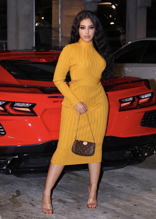 Women’s Midi Dresses | Fara Mock Neck Long Sleeves Midi Dress (Mustard) By: NUMARU