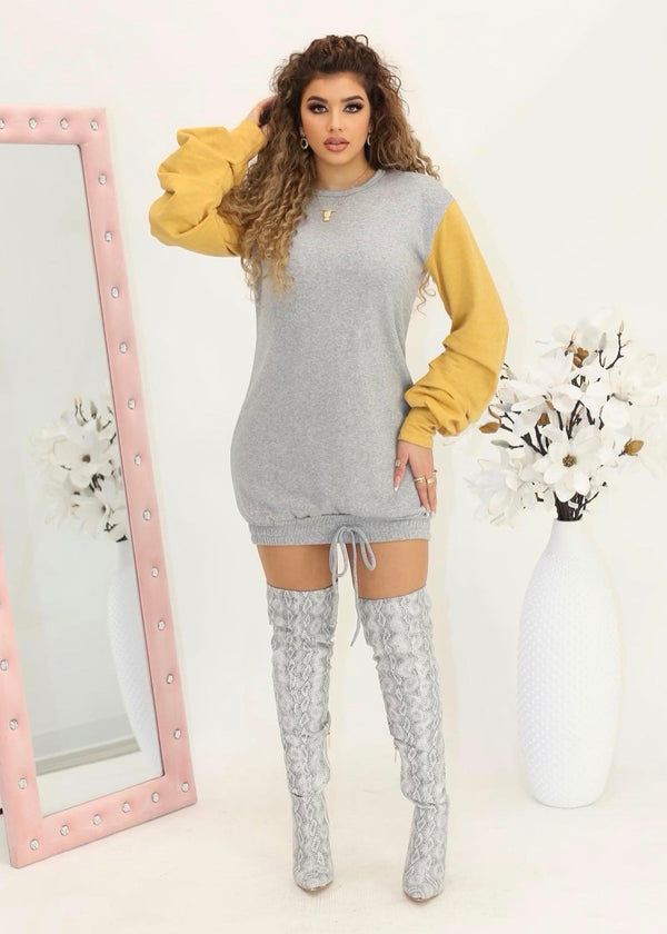 Women’s Mini Dresses | Miguel Sweatshirt Drawstring Mustard Mini Dress By: NUMARU
