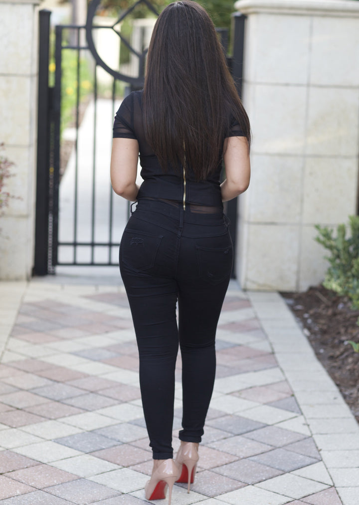 Lace Up Bodysuits | Keturah Lace-up Waist Belted Mesh Bodysuit (Black) By: NUMARU