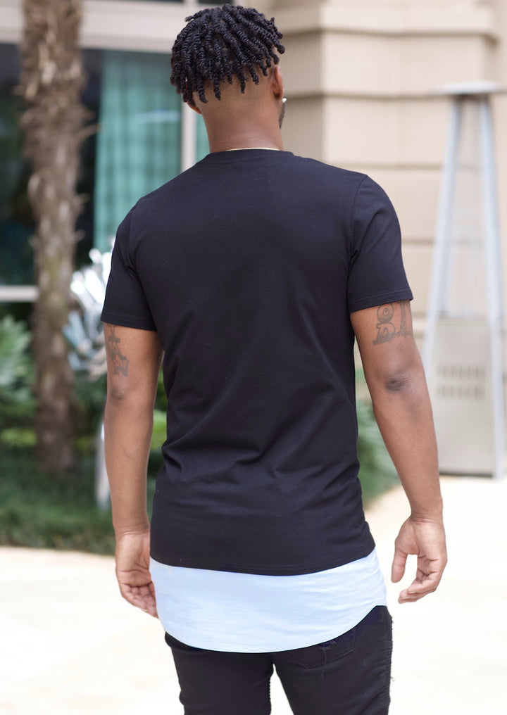 Slim Fit Elongated Contrast Shirt (Black & Light Blue) - Posh By K