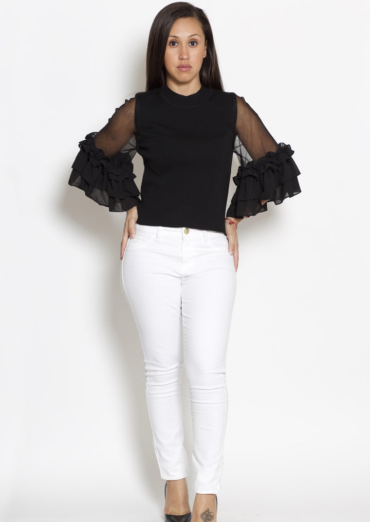 Bell Sleeve Tops | Reema Turtle Neck Three Quarter Bell Sleeves with Ruffles Top By: NUMARU