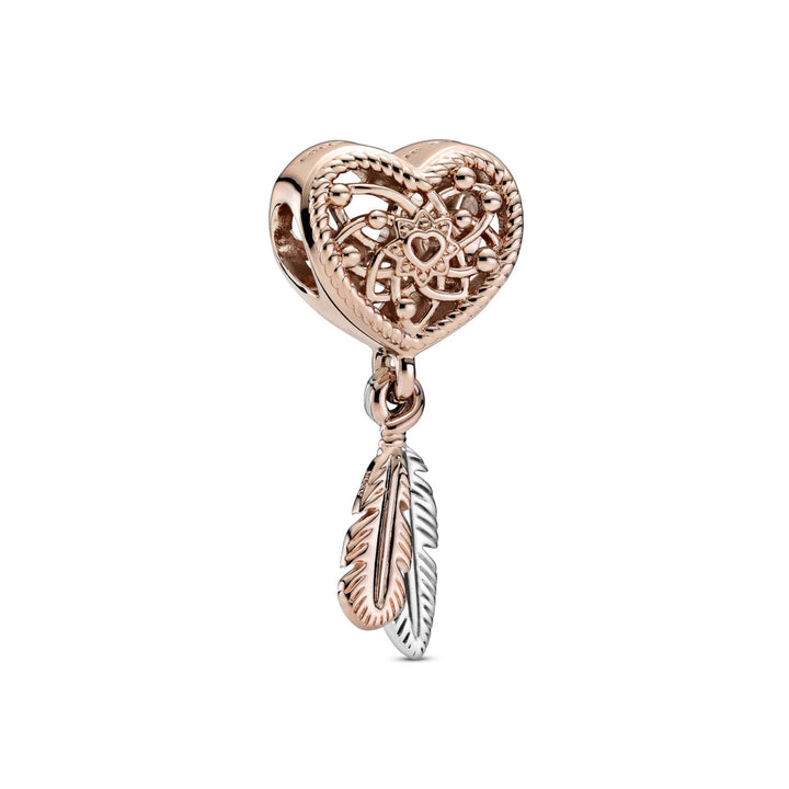 Openwork Heart & Two Feathers Dreamcatcher Charm 789068C00, NUMARU, jewelry, beads for charm, beads for charm bracelets, charms for bracelet, beaded jewelry, charm jewelry, charm beads