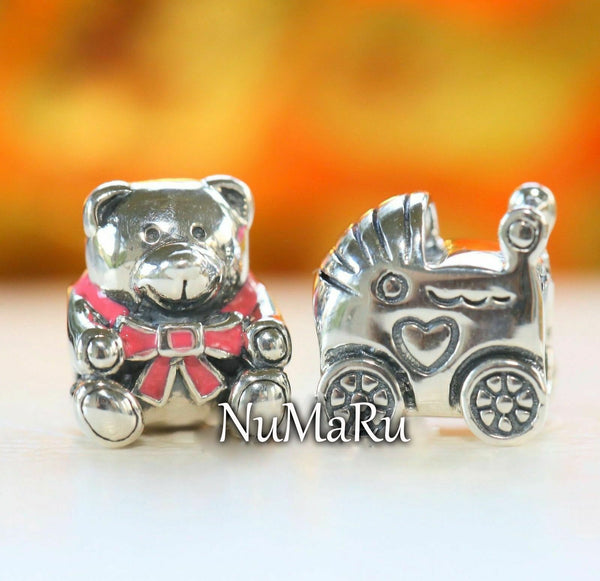 Baby Carriage And It's A Girl Teddy Bear Gift Set - NUMARU, jewelry, beads for charm, beads for charm bracelets, charms for bracelet, beaded jewelry, charm jewelry, charm beads, 