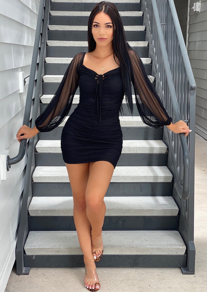 black mesh ruched mini dress Black Mock Neck Dress - Black Bodycon Dress - Ruched Mini Dress