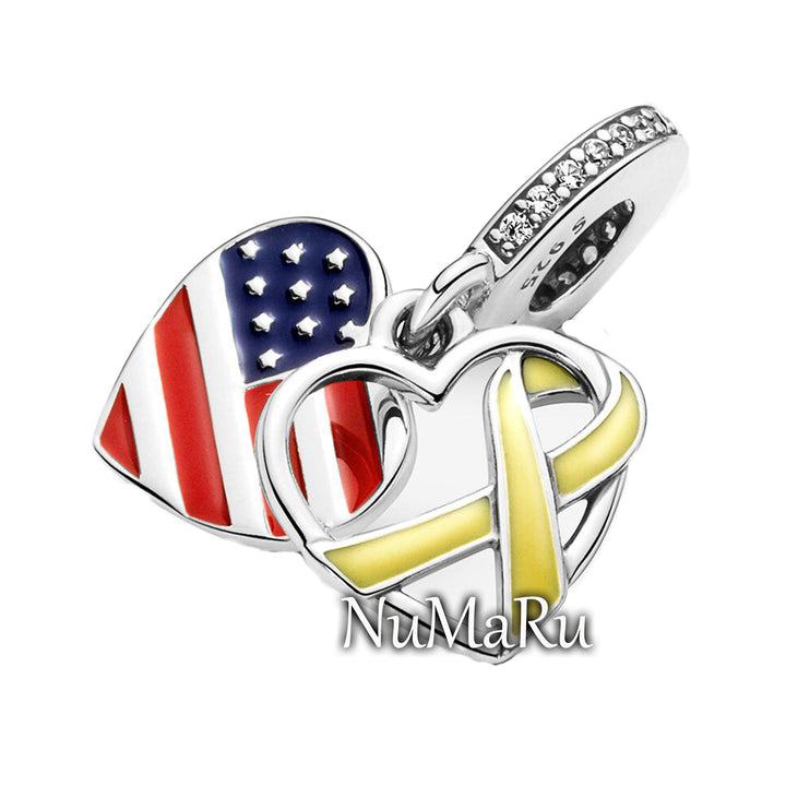 Heart, Flag & Remembrance Ribbon Double Dangle Charm 799649C01 - NUMARU, jewelry, beads for charm, beads for charm bracelets, charms for bracelet, beaded jewelry, charm jewelry, charm beads, 
